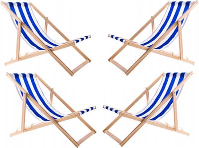 Set van 4 stuks - Strandstoel - ligstoelen - Verstelbaar - Inklapbaar - beukenhout - Wit met blauw strepen