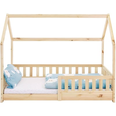 Kinderbed huisbed 80x160 cm gemaakt van dennenhout incl. matras H-10cm uitvalbeschermend dak en lattenbodem ML design