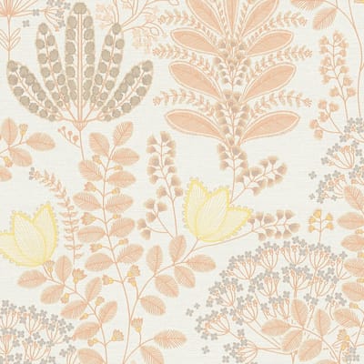 Bloemen behang Profhome 393491-GU vliesbehang hardvinyl warmdruk in reliëf licht gestructureerd met bloemmotief mat crème crèmewit grijs geeloranje 5,33 m2