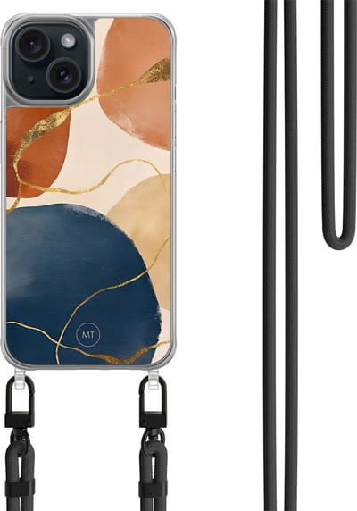 Hoesje met koord geschikt voor iPhone 15 - Abstract harmony - Inclusief zwart koord - Crossbody beschermhoes - Transparant, Multi - Mooie Telefoonhoesjes