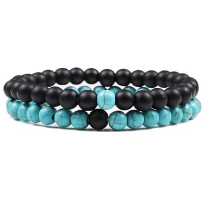 Fako Bijoux® - Dubbele Kralen Armband - 6mm - Twee Natuursteen Armbanden - Turquoise & Zwart