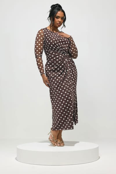 Yours London Chocoladebruine Jurk Met Polkastippen En Knoop Size Regular > 42