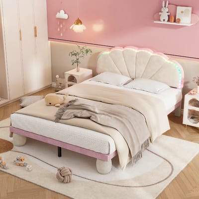 Vvbv Kinderbed - Beige + Roze (zonder matras) - 140x200 cm - LED-lichtstrip - Stoffen ronde bedpoten - Fluweel