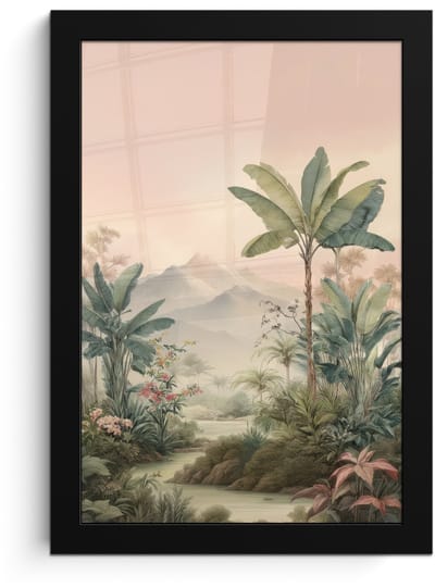 Poster in lijst - Fotolijst 20x30 cm - Posters - Tropisch landschap - palmbomen - Bloemen - Roze lucht - Posterlijst zwart - Decoratie - Wanddecoratie woonkamer - Muurdecoratie slaapkamer