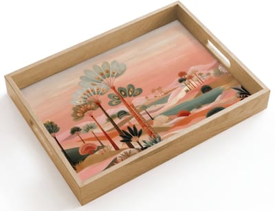 Dienblad hout 40x30 cm - Schootdienblad - Roze landschap - Palmen - Water - Borrelplank rechthoek - Plateau dienbladen