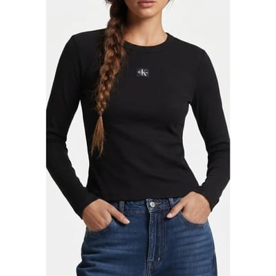 Calvin Klein Ls Woven Label 2x2 Top Black Talla: S | Manga Larga Outlet | Mujer | Negro