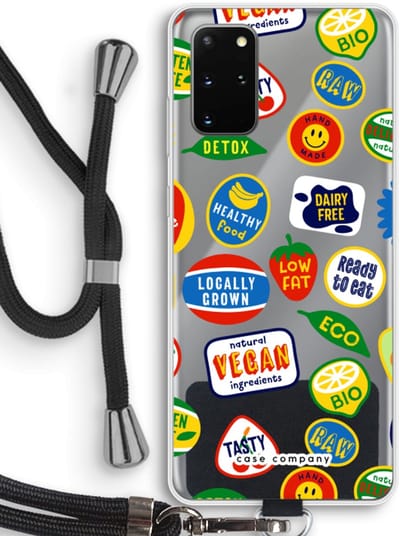Case Company® - Hoesje met koord geschikt voor Samsung Galaxy S20 Plus hoesje met Koord - Fruitsticker - Telefoonhoesje met Zwart Koord - Bescherming aan alle Kanten en Over de Schermrand