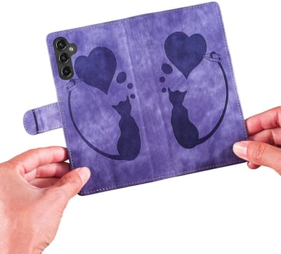 BoekCover Hoes Etui geschikt voor Samsung Galaxy A37 - A56 - A36 - Kat en Hart - Paars - Reliëf