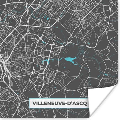 Poster Villeneuve-d'Ascq - Plattegrond - Kaart - Stadskaart - Frankrijk - 100x100 cm XXL