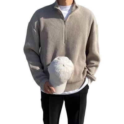 Heren Herfst Winter Trui Halve Rits Opstaande Kraag Elastisch Gebreid Effen Kleur Pullover Losse Lange Mouwen Casual Werk School Outdoor L