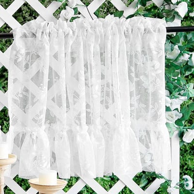SnelShoppen - Keukengordijnen met Bladpatroon en Ruches - Polyester Korte Gordijnen 43 x 100 cm voor Badkamer, Woonkamer en Kelder - Semi-transparant