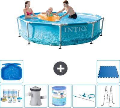 Intex Rond Frame Zwembad - 305 x 76 cm - Waterprint - Inclusief Onderhoudspakket - Zwembadfilterpomp - Filter - Schoonmaakset - Ladder - Voetenbad - Vloertegels - 8-delig