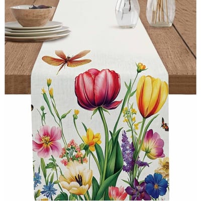 Lente Tulp Bloemen Linnen Tafelkleed Feest Bruiloft Feest Decor Seizoensgebonden Zomerbloemen Plant Tafelkleed Eettafel Decor 150x33cm
