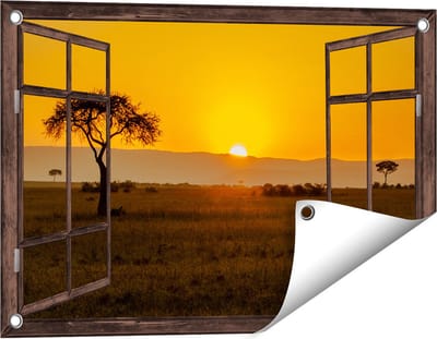 Gards Tuinposter Doorkijk Zonsopgang in de Savanne met een Boom - 60x40 cm - Tuindoek - Tuindecoratie - Wanddecoratie buiten - Tuinschilderij
