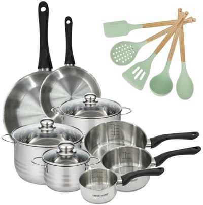Set van 2 Pannen 20/28 cm, 3 Braadpannen 16/20/24 cm en 3 Steelpannen 12/16/20 cm Fackelmann Genève en 5 keukengerei Ocean