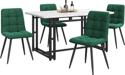 Gotagee Eettafel met 4 stoelen set Keuken Eettafel set Donkergroen Fluweel Eetkamerstoelen Zwarte ijzeren poten tafel