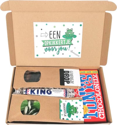 Opkikkertje brievenbus cadeau - Een opkikkertje voor jou - Snoepkikkers - Tony Chocolonely -Dropmix - King pepermunt