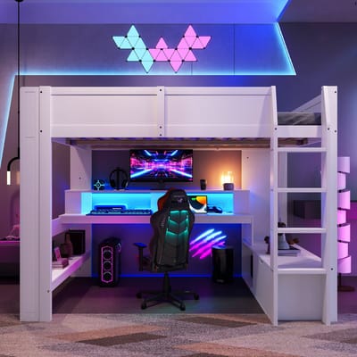 VVBV Gaming Hoogslaper 140x200 cm met LED-Verlichting, Bureau - Planken, Lades - Wit - Zonder Matras