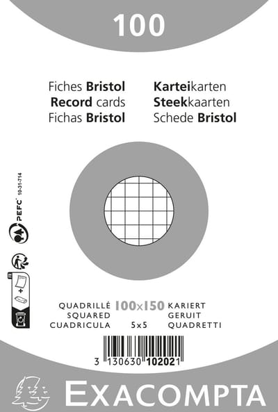 Exacompta 20x Pak 100 steekkaarten bristol in folie - geruit 5x5 niet geperforeerd 100x150mm - Wit - 10202E