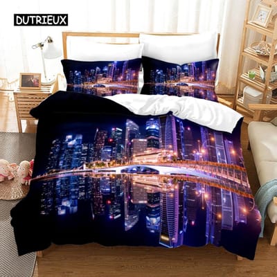 New York City Night View Beddengoedset Queen King Size Dekbedovertrek / Dekbedovertrek Kussensloopset Zacht Huistextiel Beddengoed 140x200cm 3pcs