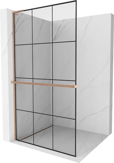 Mexen Kioto+ L douchewand met plank Walk-in 120 x 200 , zwart raster, geborsteld koper - 800-120-123-65-77