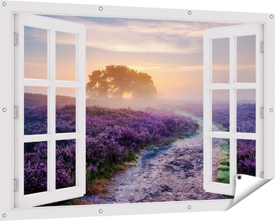 Gards Tuinposter Doorkijk Pad in de Weide van de Veluwe - 150x100 cm - Tuindoek - Tuindecoratie - Wanddecoratie buiten - Tuinschilderij