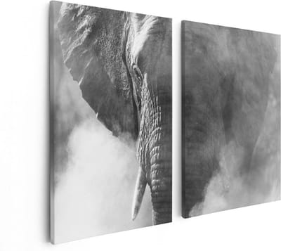 Artaza Canvas Schilderij Tweeluik Olifantenkop - Olifant - Zwart Wit - 80x60 - Foto Op Canvas - Canvas Print
