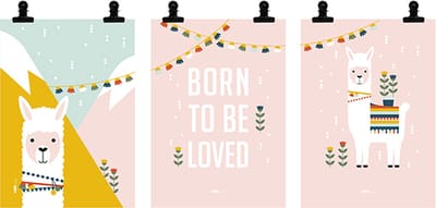 Poster set Lama oud roze 3x maat A4 - lama - alpaca - love - born to be loved - nepal - bergen - - roze - kinderkamer - meisjeskamer - muurdecoratie - kinderkamerstyling – kinderkameraccessoire