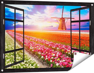 Gards Tuinposter Doorkijk Kleurrijke Bloemenveld met een Windmolen - 90x60 cm - Tuindoek - Tuindecoratie - Wanddecoratie buiten - Tuinschilderij