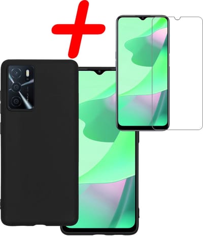 Hoesje Met Screenprotector - Geschikt voor OPPO A16 - Sterk & Shockproof - Back Cover - Siliconen Case - Telefoon Hoes - Zwart