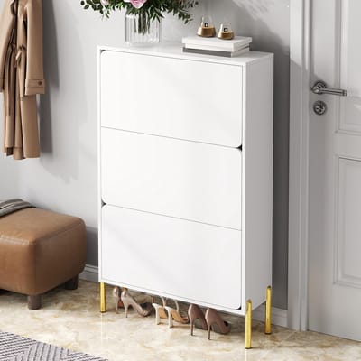 BLACKCOLORS Moderne en minimalistische schoenenkast, drie deuren, grote capaciteit, vergulde poten, elegant en praktisch, geschikt voor de hal of gang.