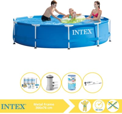 Intex Rond Frame Zwembad - 366 x 76 cm - Blauw - Inclusief Pomp - Onderhoudspakket - Filter - Stofzuiger - 5-delig