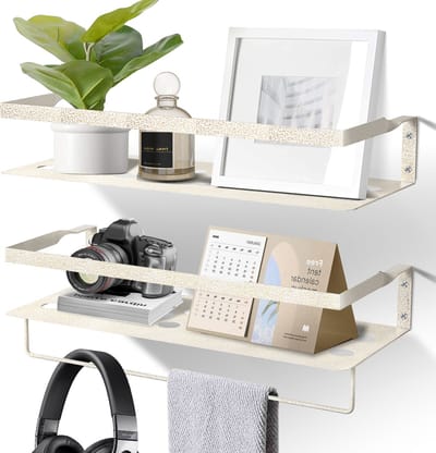 Uten Wandplank - Muurplank - Planchet - Wandrekje - Wandplankje - Wandrek - Zwevend - Industrieel - Metaal - Witte coating met goudkleurige adertjes - 2 Planken - L 40 (4 Kleuren)