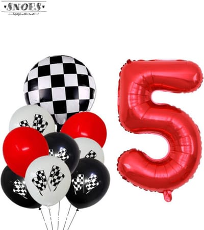 Snoes Racecijferballon 5 Feestboeket - Verjaardag Ballonnen Race Thema - Rood, Wit & Zwart