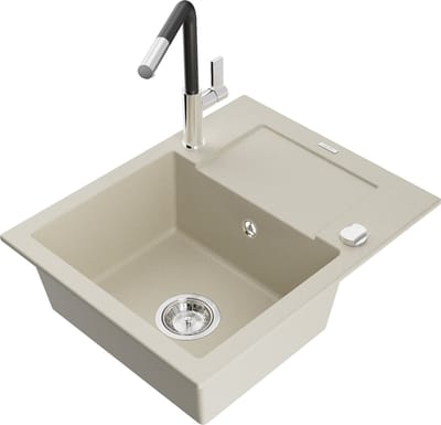 Mexen Enzo granieten gootsteen, 1-komoors met afdruipplaat en keukenmengkraan Flora, beige - 6506-69-670401-07