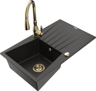 Mexen Cesar granieten spoelbak 1-kompartment met afdruiprek en keukenkraan Savita, zwart/goud metallic - 6514-75-672601-50