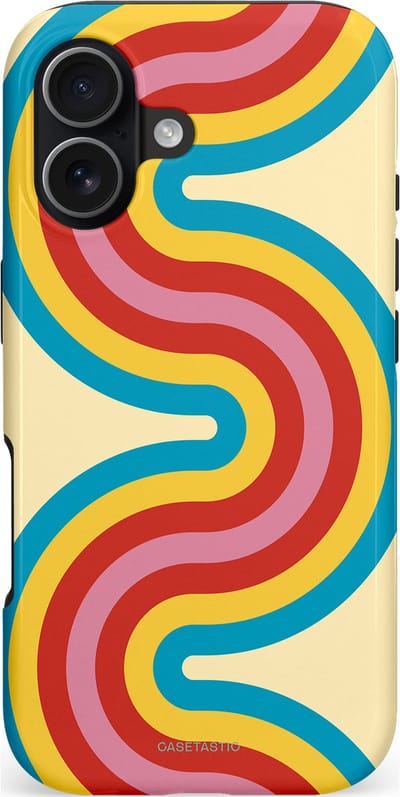 Casetastic hoesje geschikt voor Apple iPhone 17 - MagSafe - Dubbellaagse bescherming - Retro kronkels - Fashion Case - Crème Lichtblauw Goud Rood