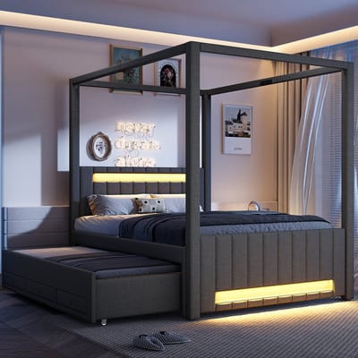 Hemelbed – 140 x 200 cm – met lades en uitschuifbed – voor moderne slaapkamer – praktisch en ruimtebesparend ontwerp – praktische slaapoplossing voor dagelijks