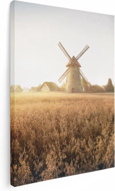 Artaza Canvas Schilderij Korenveld - 30x40 cm - Klein - Wanddecoratie Zonsondergang - Muurdecoratie Molen - Kamer Accessoires Landschap - Herfst