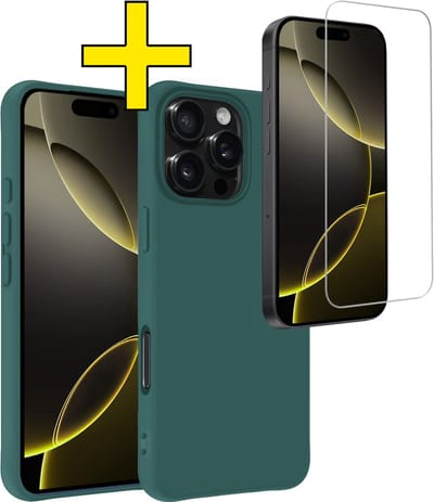 Hoesje - Met Screenprotector - Geschikt voor Apple iPhone 16 Pro - Sterk & Shockproof - Back Cover - Siliconen Case - Telefoon Hoes - Telefoonhoesjes - Donkergroen