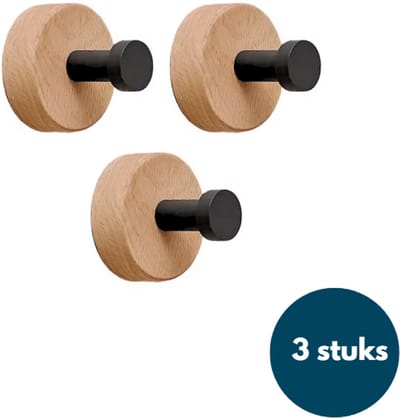 Kapstok haken hout - Teak met zwart - Wandhaken - Wandkapstok - Zelfklevende haakjes - Plakhaakjes - Rond - Zwart - 3 stuks