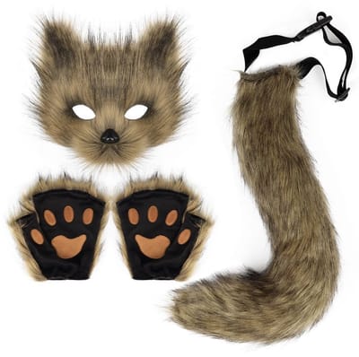 Dailygoods- Kostuum Halloween - Pluizige Vossenstaart - Halfmasker - Pluche Handschoenen - Cosplay Set - Eersteklas Imitatiebont