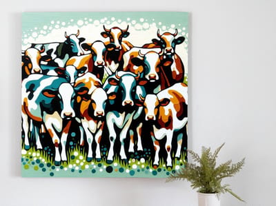 Acryl koeien schilderij | Vibrant acrylic cow canvases: a whimsical pasture masterpiece | Kunst - 100x100 centimeter op Forex | Foto op Forex
