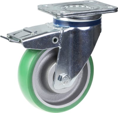 160 mm zwenkwiel met rem, voorzien van groene, bolvormige, elastische polyurethaanband op een gietijzeren wiel
