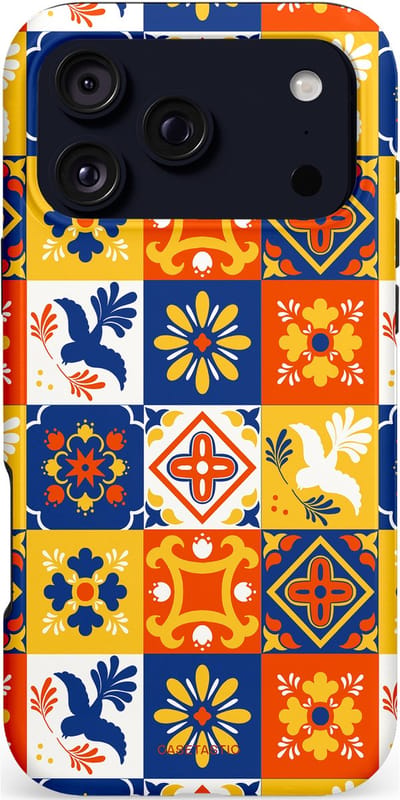 Casetastic hoesje geschikt voor Apple iPhone 17 Pro Max - MagSafe - Dubbellaagse bescherming - Mediterraanse Tegels - Fashion Case - Oranje Donkerblauw Geel Crème