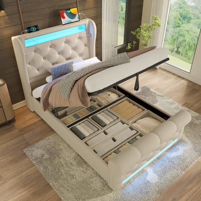 DESMIU Gestoffeerd Bed 90 x 200 cm Met Verlichting, Oplaadfunctie En Hydraulische Opbergruimte Voor Slaapkamer, Samt, Beige Zonder Matras