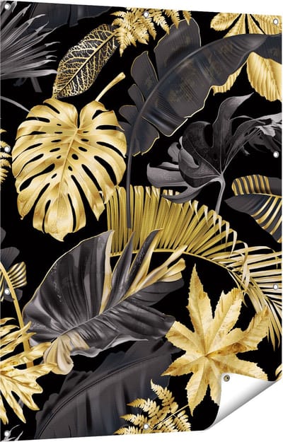 Gards Tuinposter Gouden Tropische Bladeren - 90x120 cm - Tuindoek - Tuindecoratie - Wanddecoratie buiten - Tuinschilderij