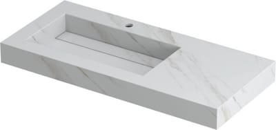INK Pitch wastafel in keramische slab wasbak links met drain en front en side skirts met 1 kraangat, 100x45x9cm, calacatta mat