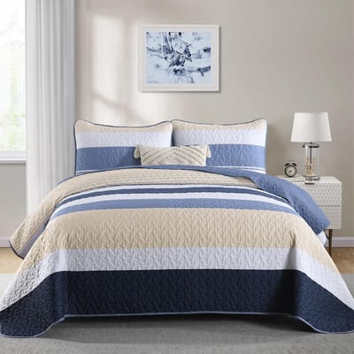 Famanu - Sprei 240x260 cm blauw, microvezel woondeken met strepenpatroon