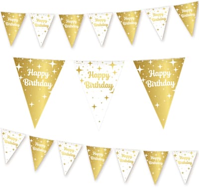 Q2P - Happy Birthday Slinger - Verjaardag Versiering - Vlaggenlijn - Slingers - Feest Decoratie - Wit & Goud - 10m